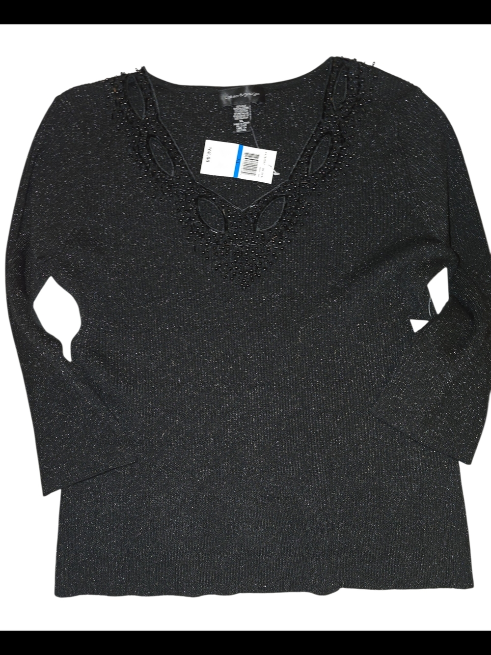 Cable & Gauge Black Metallic Knit V-Neck Top with Beaded Detail